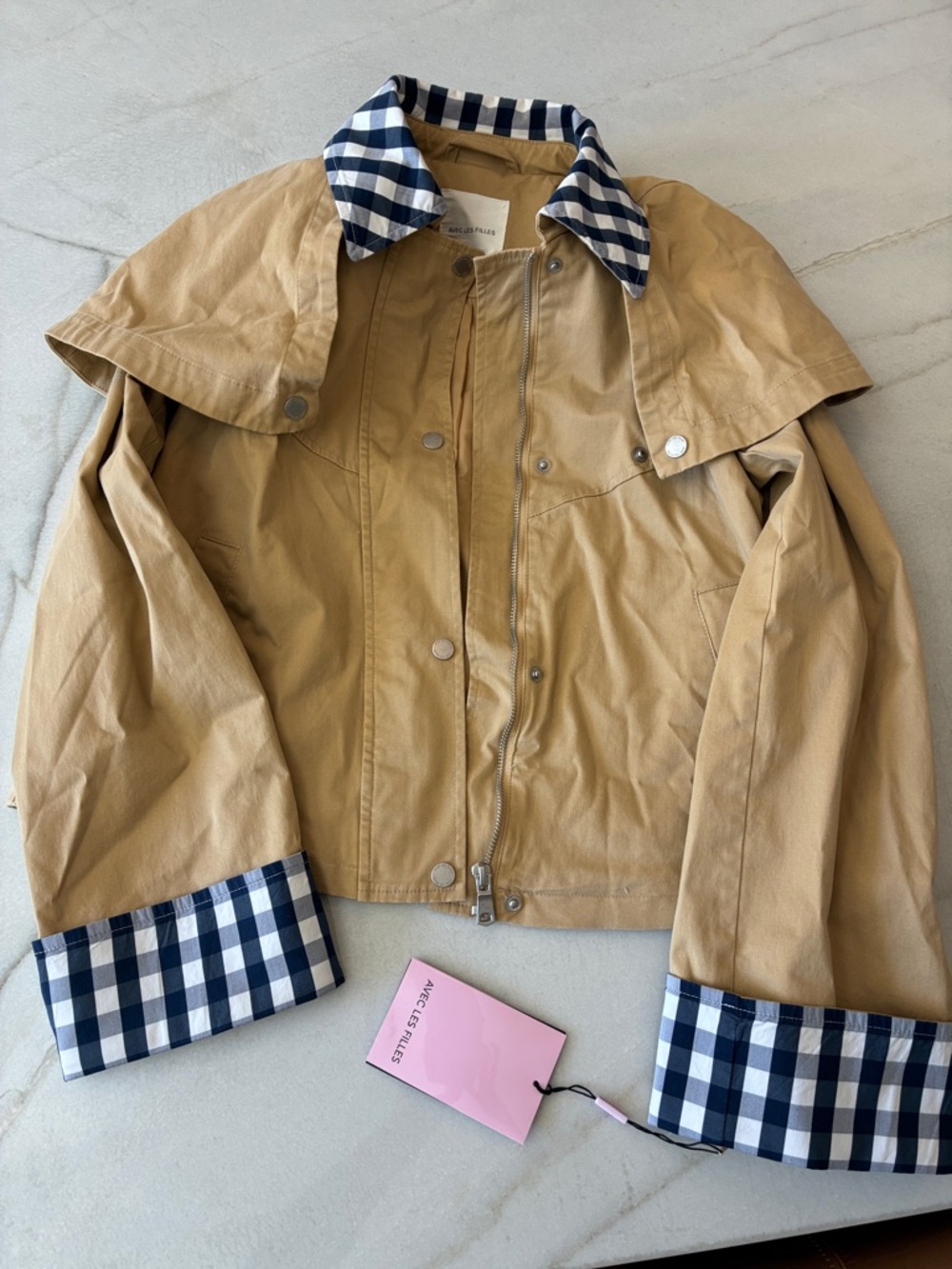 AVEC LES FILLES GINGHAM TRIM COTTON CAPE JACKET